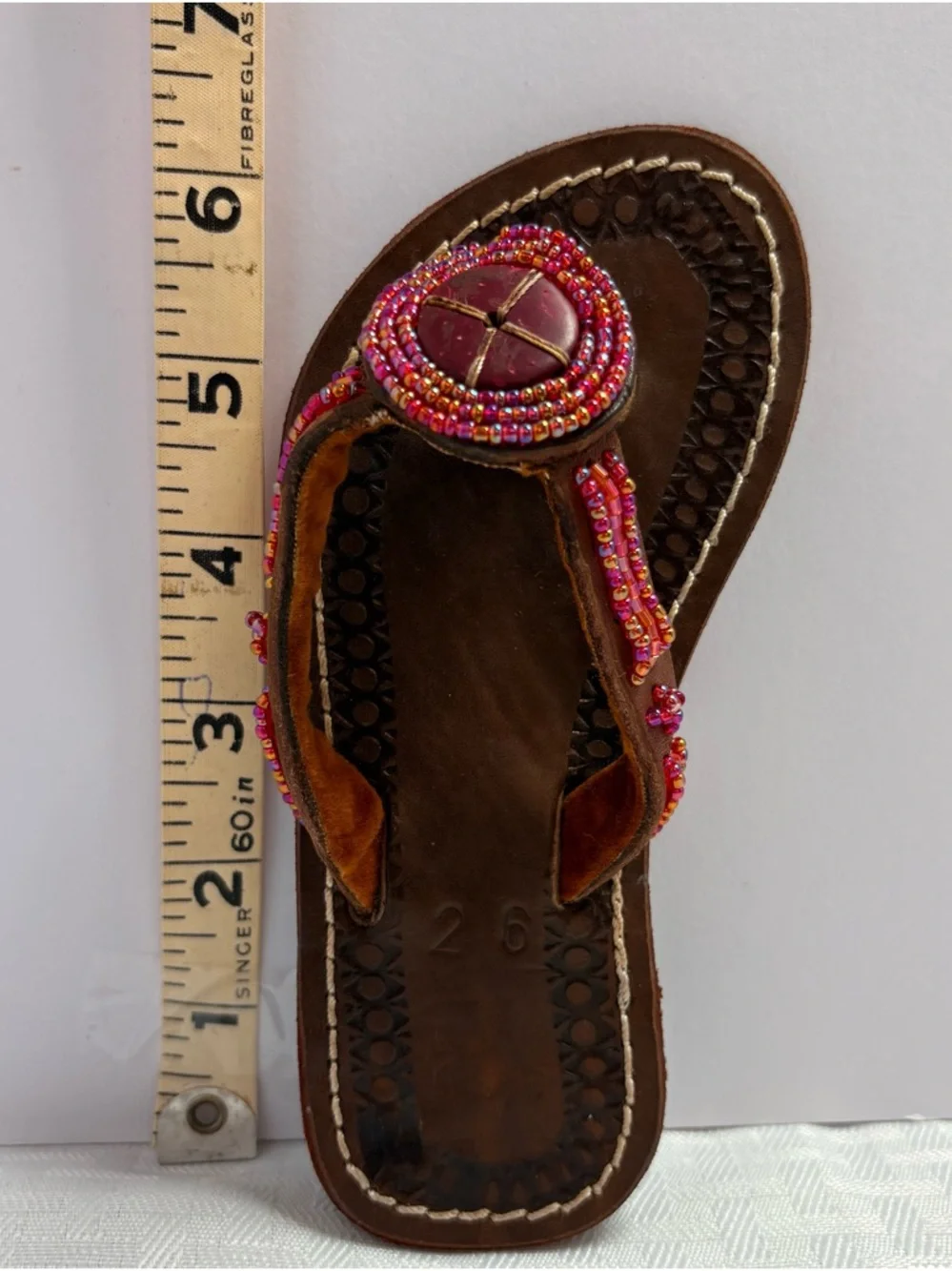 Adorable Bohemian Little Girls Brown Leather Beaded Toe-Post Sandals Boho Hippie